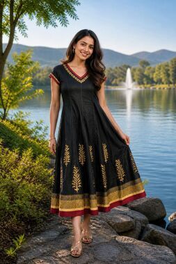 BIBA Black Gold Embroidered Dress L India Cotton Anarkali Boho Ethnic NWT